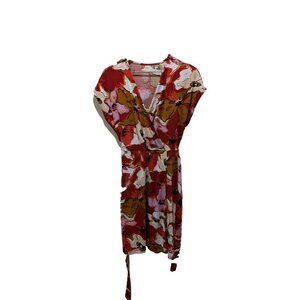NINE WEST‎ Size M Faux Wrap Dress Ivory Rust Black Floral Short Sleeve Stretch